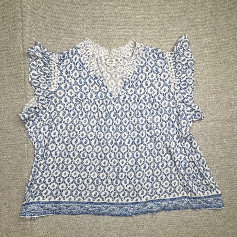 Lucky Brand Blue Paisley V-Neck Flutter Sleeves Boho‎ Blouse EUC sz 1X/16